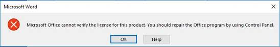 Microsoft Office cannot verify the license for thid product. You should repair the Office program by using Control Panel.