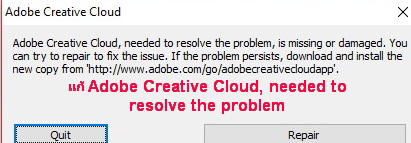 Adobe Creative Cloud, needed to resolve the problem, is missing or damaged. 